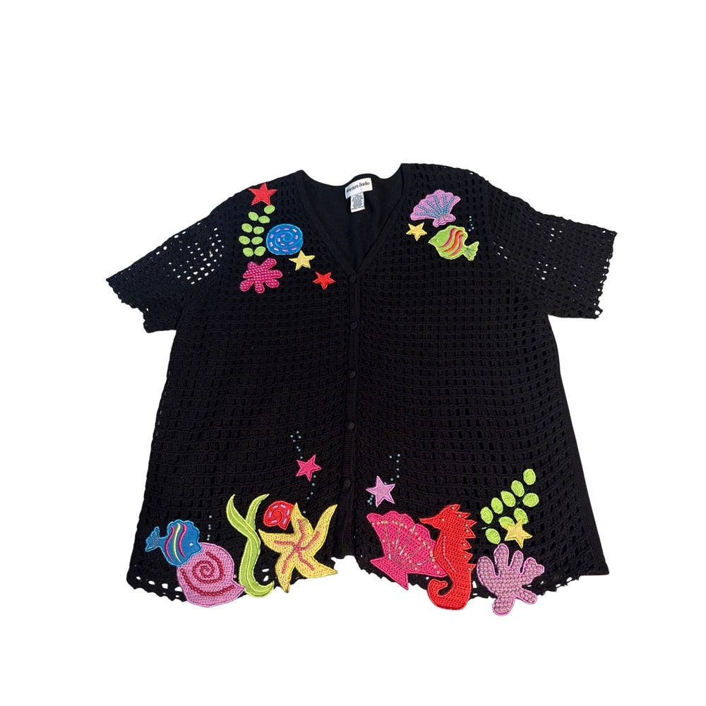 Hampshire Studio Black Sea Life Beaded Applique Crochet Knit Cardigan XL Womens